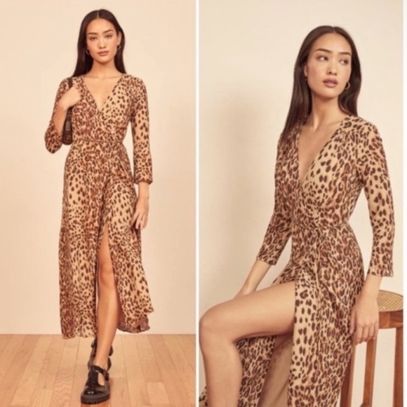 NEW! Reformation Alessandra 3/4 Sleeve Midi Dress in Animal Print 🌻 Large - Picture 1 of 10